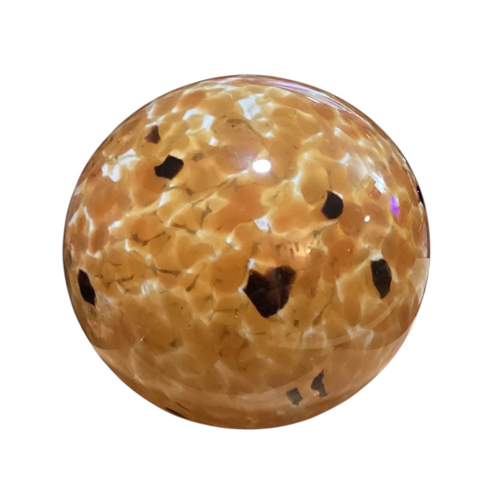 Amber Tortoiseshell Art Glass Orb Paperweight Hand Blown Decorative Sphere 3.5"